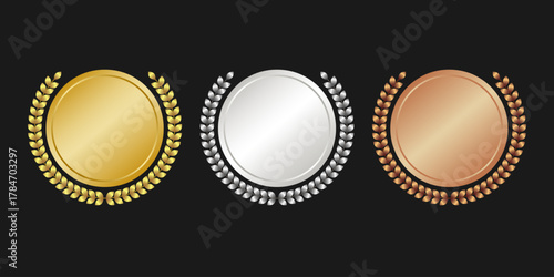 Elegant gold, silver and bronze medals with laurel wreaths for the winners, a luxurious symbol of the nominee for the award, the emblem of the award in the nomination. Vector illustration.