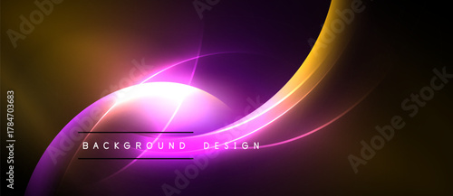 Abstract vibrant design features flowing curves, bright light, purple, orange hues. Modern digital illustration perfect backdrop.