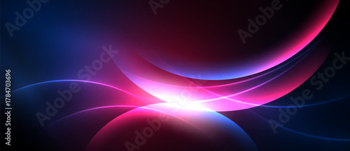 Abstract vibrant curves, flowing light. Blue, pink hues dominate dark background. Dynamic energy radiates from central glow.