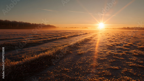 Fototapeta Naklejka Na Ścianę i Meble -  Wide frozen meadow beneath sunrise, perspective lines and atmospheric balance