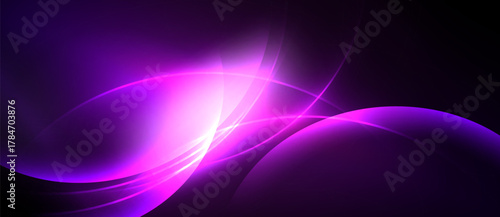 Abstract purple light curves radiate, creating dynamic energy. Smooth shapes blend into dark background. Vivid, modern design.