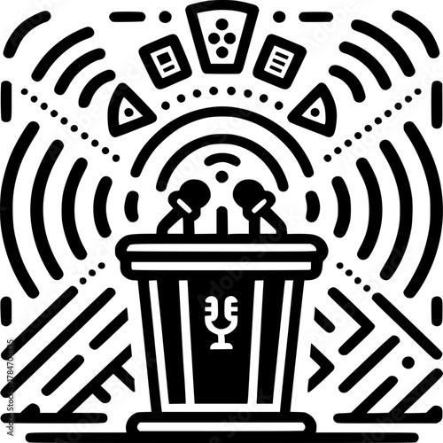 Podium of information: A striking graphic showcasing a podium, adorned with microphones, radiates waves symbolizing the dissemination of knowledge and communication.