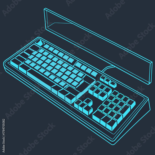 Stylized blue outline of a computer keyboard with a protective cover