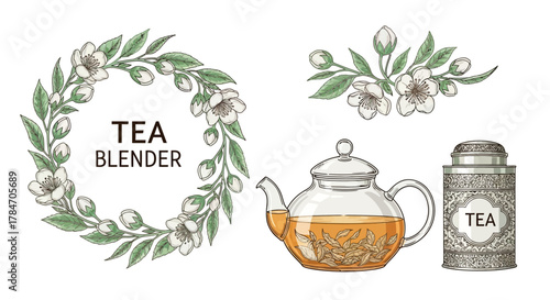 Elegant Tea Blending Vector Elements, tea leaf wreath and teapot for specialty tea branding