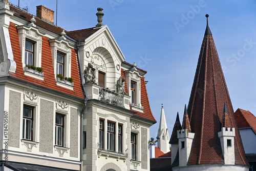 Beautiful old building and towers n the city of Krems an der Donau, the Wachau valley of Austria