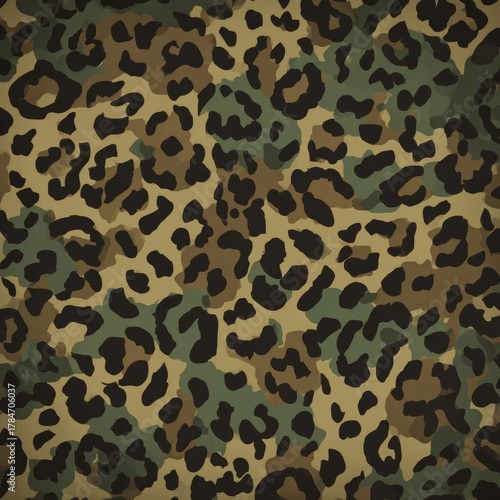 Seamless leopard camouflage pattern with brown and green tones, animal skin texture blended with military design for fabric and fashion
