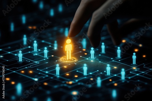 The Chosen One: A symbolic image, a human finger pointing at a glowing figure amid a network of connected individuals, representing the concept of selection and recognition. 