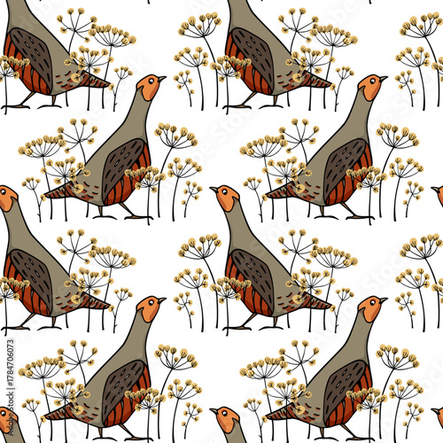 Vector seamless pattern with hand drawn cute Grey Partridges in blooming flowers. Beautiful illustration, ink drawing. Perfect for prints and patterns