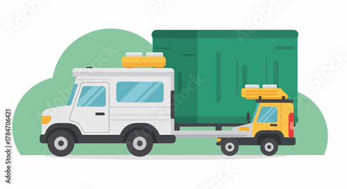 Tow Truck Transporting Container With Green Background Flat Design