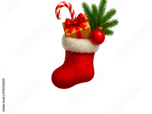 Christmas Stocking with Decorations Inside on Transparent Background Festive Holiday Gift Sock