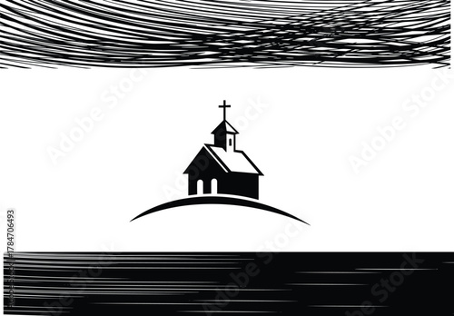 Black and white church silhouette on hill with abstract clouds, minimalist religious vector art for spiritual, solitude, and worship themes