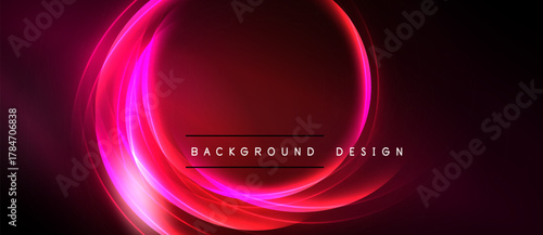 Abstract red neon light curves form circular shape. Dark background enhances glowing effect. Text reads background design.