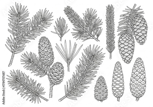 Collection of pine cones and fir branches