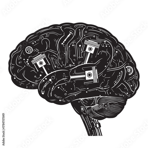 Conceptual Illustration of a Human Brain with Internal Mechanical Components and Circuitry