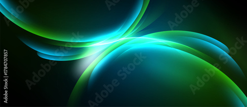 Abstract flowing shapes, vibrant blues, greens. Light streaks create dynamic energy, dark background emphasizes luminosity. Smooth gradients define forms.