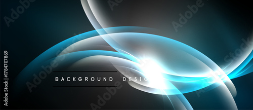 Abstract blue light waves, flowing curves. Bright central glow, dark background. Modern design element, elegant visual texture.