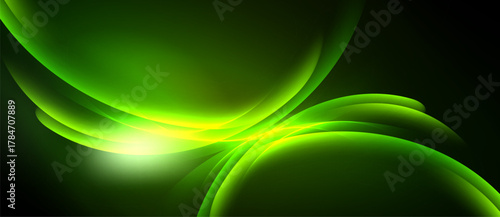 Abstract green waves, luminous center. Smooth gradients create dynamic flow, dark background enhances brightness. Modern design element.