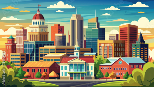 Very beautiful skyline view of downtown Kalamazoo, Michigan, USA, featuring modern and historic buildings, clear bright daylight, and a realistic vibrant metropolitan city atmosphere.