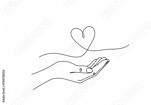 Single line drawing of a hand holding a heart
