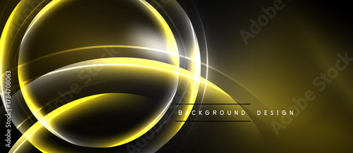 Abstract golden lines create dynamic curves. Dark background emphasizes bright neon glow, modern design element.