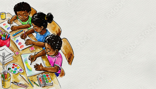 Three young children are sitting at a table, drawing and painting with art supplies.