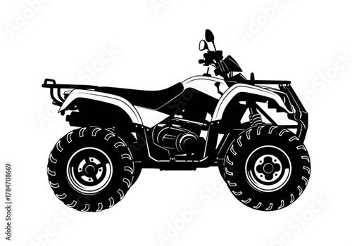 Black and white illustration of an allterrain vehicle