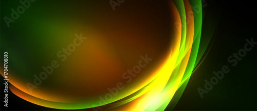 Abstract design features flowing curves, vibrant colors. Green, yellow, brown hues blend seamlessly, creating dynamic visual effect. Smooth gradients dominate composition.