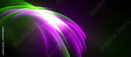Abstract design features vibrant curves, luminous glow, dark background. Purple, green hues create dynamic visual effect.