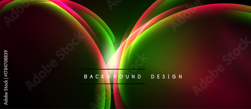 Abstract vibrant design features flowing curves, gradients. Red, green, yellow hues blend into dark background. Modern aesthetic.