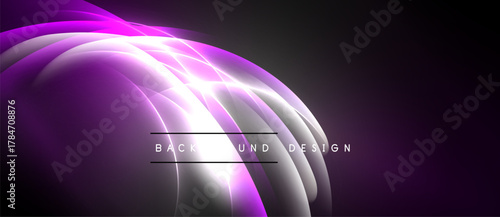 Abstract purple lines create dynamic curved shapes. Bright glow emanates from central point, dark background enhances visual impact.