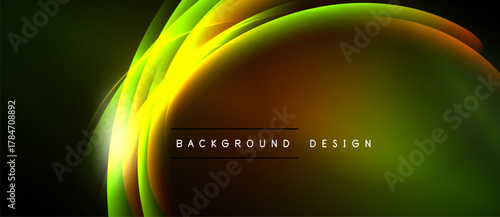 Abstract vibrant curves, yellow, green hues dominate. Dark background provides contrast. Text reads background design. Smooth gradients create dynamic visual effect.