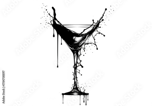 Black liquid splashing out of a martini glass