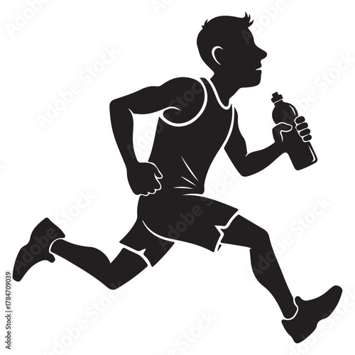 Black Silhouette of an Active Male Runner Holding a Water Bottle
