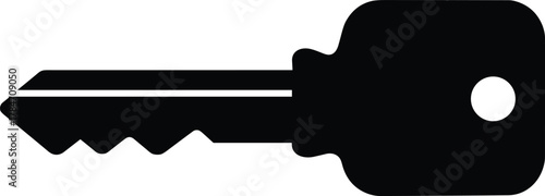 Black silhouette of standard key vector illustration representing security, access control, privacy protection, locking mechanism, and metal tool design.