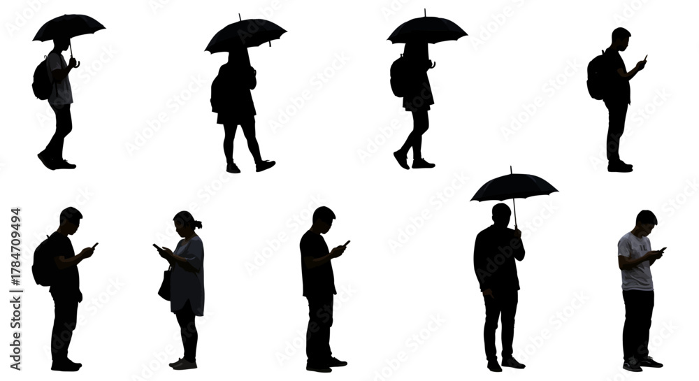 Obraz premium People using mobile phones walking under umbrellas in silhouette against white suitable for tech urban life and communication themes.
