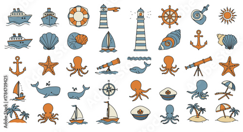 nautical doodle icons set ships seashells anchors marine animals and tropical islands for summer travel blogs and seaside themed designs.