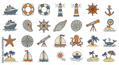 nautical elements icons cruise ship anchor lighthouse for marine-themed designs and summer vacation travel promotions evoking a sense of adventure
