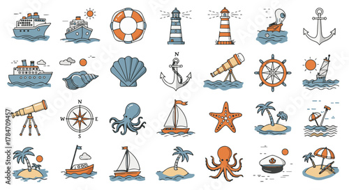 nautical elements vector sea adventure icons featuring boats lighthouses and islands perfect for maritime themes posters and ocean travel designs