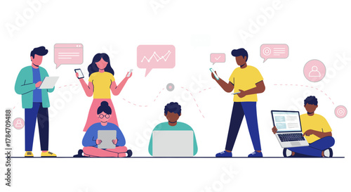 people connecting online diverse group collaborating remotely on digital devices communicating virtually illustrating teamwork social media engagement.