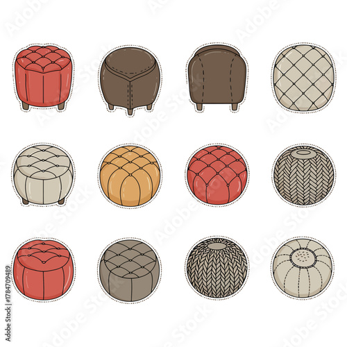ottoman pouf collection stylish home decor modern furniture illustrations for interior design projects creating cozy living spaces with comfort and aesthetics.