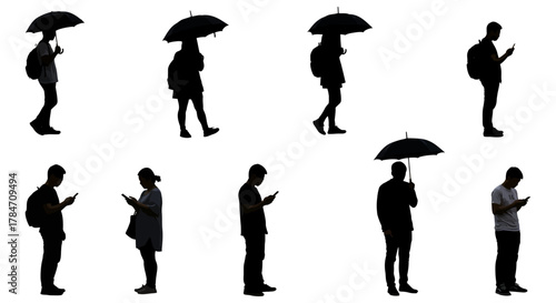 People using mobile phones walking under umbrellas in silhouette against white suitable for tech urban life and communication themes.