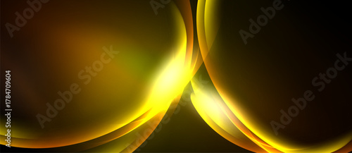 Abstract golden swirls dominate black background. Smooth curves create dynamic, flowing visual impact. Warm tones suggest energy, motion.