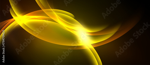 Bright yellow energy swirls, radiating light. Abstract design evokes warmth, motion, dynamic visual impact. Dark background emphasizes luminosity.