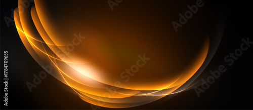 Abstract orange glow. Smooth curves create dynamic visual impact. Dark background emphasizes bright light effects. Modern design element.