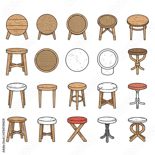 collection of various stools designs wooden wicker round seats in different styles showcasing furniture design diversity for interior decoration