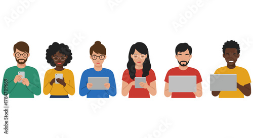 diverse people using technology smartphones tablets and laptops for connectivity and communication illustrating modern digital lifestyle.