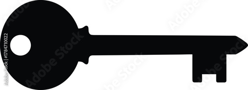 Black Silhouette of Vintage Key with Circular Bow and Notched Bit for Security, Access, Lock Mechanism, Privacy, and Protection Concepts