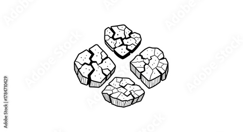 A simple black and white line art drawing of four cracked stones.