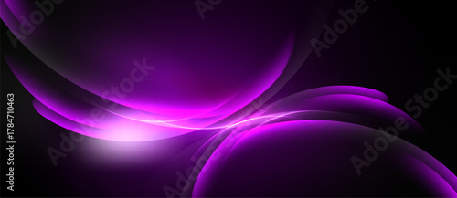 Abstract purple waves, luminous center. Dark background creates dramatic visual effect. Smooth curves suggest movement, energy.