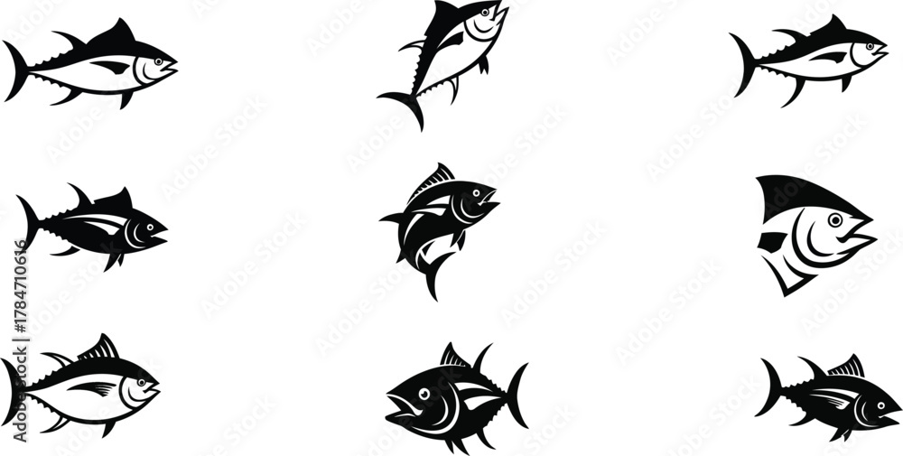 Naklejka premium Set of black and white tuna fish vector icons. Stylized graphic illustrations for fishing sport emblems, seafood restaurant logos, and ocean life design elements